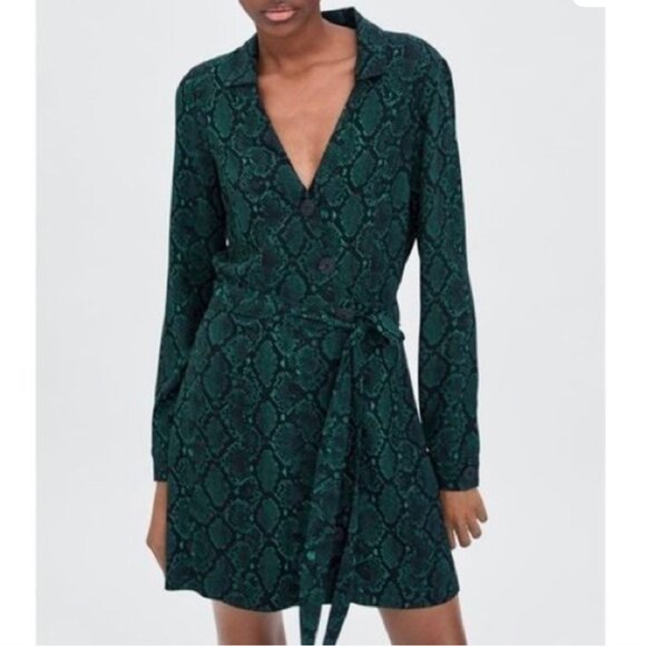ZARA Green Black Snake Print Wrap Mini Dress Long Sleeve Belted Collared XS - Picture 1 of 12